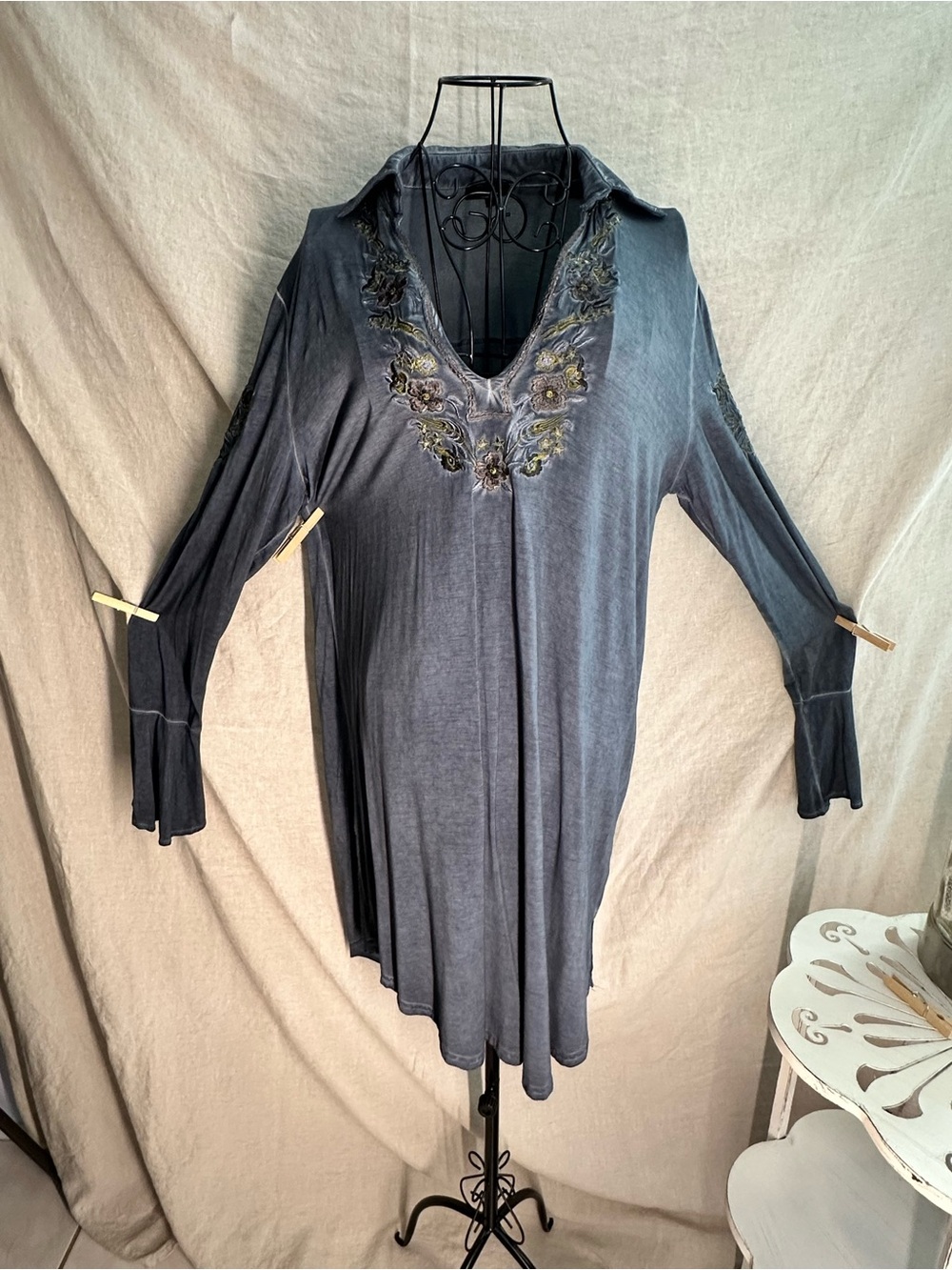 POL  BOHO mineral washed Navy Embroidered Dress Bell sleeves L
